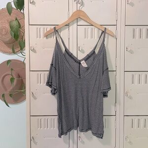 We the free black-and-white striped loose, drapey shoulderless T-shirt